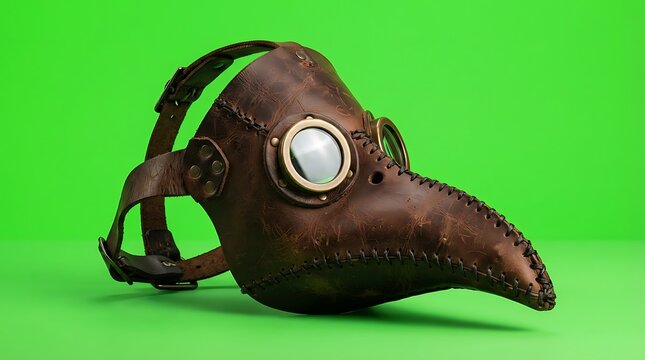 A vintage leather plague doctor mask isolated against a bright green screen