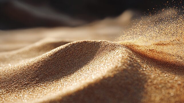 tawny. Golden desert sand cascading in a graceful stream under intense sunlight, ideal for corporate presentations and documentary films, targeting filmmakers and content creators. travel magazines.