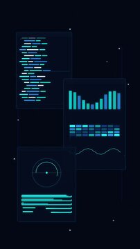 Dynamic code panels floating in blue cyberspace, artificial intelligence system analytics, digital data visualization loop