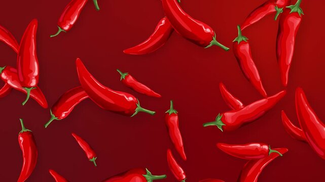 Red Chili Peppers Falling Over a Vibrant Red Background