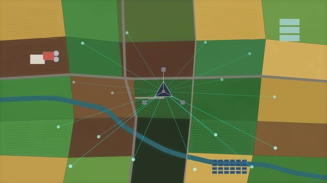 Animated aerial view of a communication tower in a rural landscape, connecting farm fields and agriculture with technology