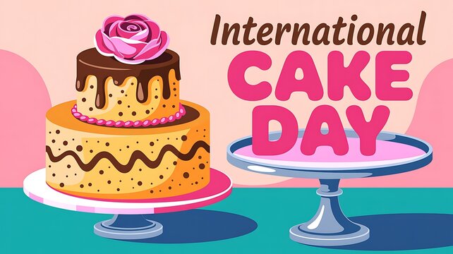 Two tier layered celebration cake with chocolate frosting and pink flower for international cake day