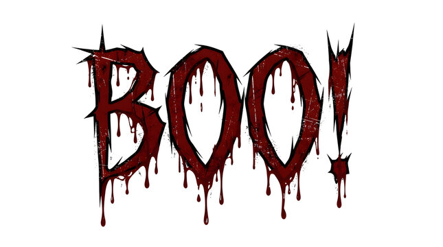 A scary halloween text graphic featuring the word boo written in a dark red dripping blood font isolated on a plain white background