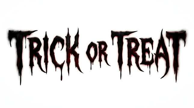 Spooky halloween text design featuring the words trick or treat written in a scary dripping blood font isolated on a plain white background