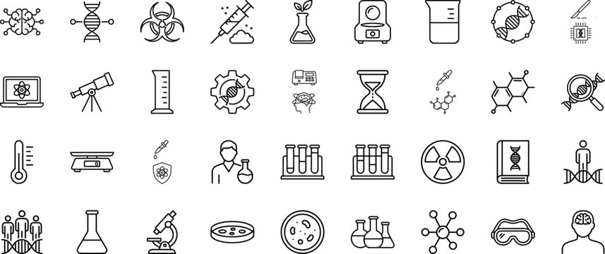Science line icon set. Vector pictograms of laboratory, biotechnology, chemistry, and physics elements, thin linear illustration.