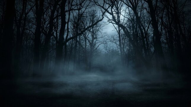 Dark foggy forest scene with bare trees with dark misty woodland trees stand frightening