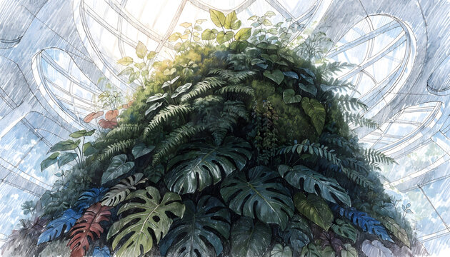 Illustrated biodome filled with lush tropical vegetation. Biophilic design and artistic indoor greenhouse concept. Monstera and fern foliage growing under futuristic skylight glass