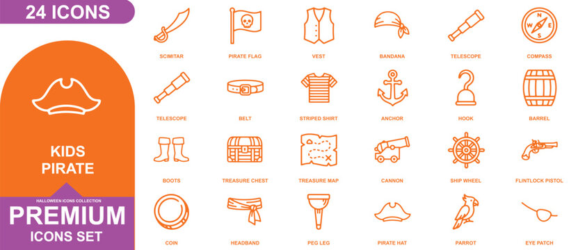 Set of 24 orange pirate themed icons for kids featuring nautical adventure and treasure