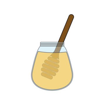 Open Honey Jar with Wooden Honey Dipper Flat Vector Icon.

