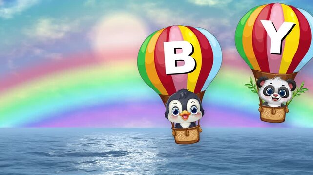 Cartoon Animals in Hot Air Balloons Floating Over Ocean with Rainbow