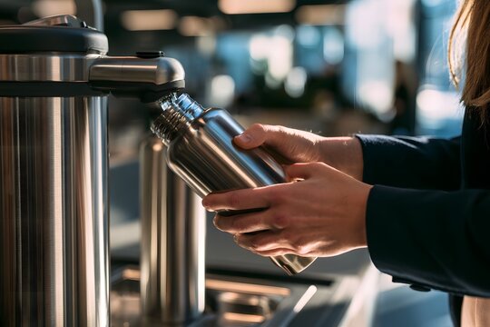 Frau f&uuml;llt wiederverwendbare Trinkflasche an einer Wasserstation auf