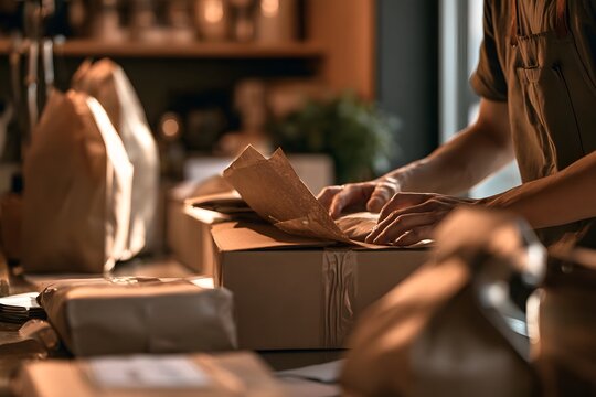 Mitarbeiterin verpackt Bestellung von Hand f&uuml;r den Versand