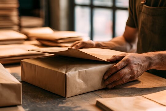 Mitarbeiter verpackt Karton f&uuml;r Bestellung und Versand