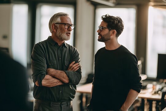 Zwei Kollegen f&uuml;hren ein entspanntes Gespr&auml;ch im modernen B&uuml;ro