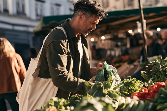 Junger Mann kauft frisches Gem&uuml;se auf einem Wochenmarkt