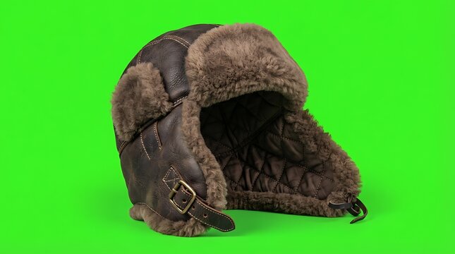 Vintage style brown leather ushanka hat isolated on bright green background