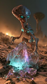 Extraterrestrial Grey Alien Creatures and Cosmic Environment Exploration 3D Illustration