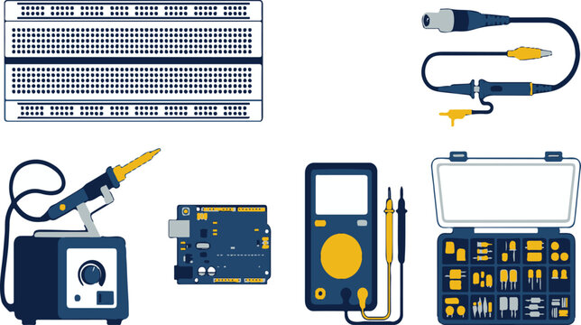 Electronic prototyping tools with breadboards soldering stations and multimeters for hobbyist circuit design and hardware repair engineering.