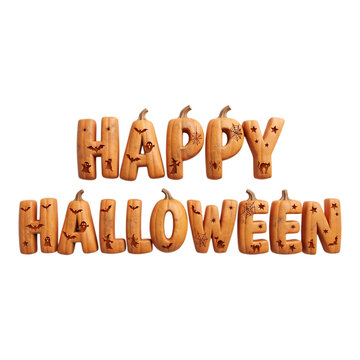 Happy Halloween carved pumpkin text sign isolated on transparent background