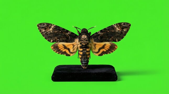 A detailed death head hawkmoth specimen mounted on a black display stand