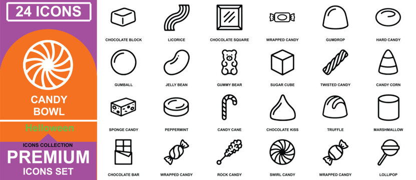 Candy bowl icon set with 24 confectionery and sweet treat symbols in black outline style