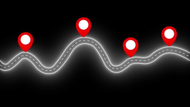Glowing neon business roadmap and timeline with location pins on black background for strategic planning animation.