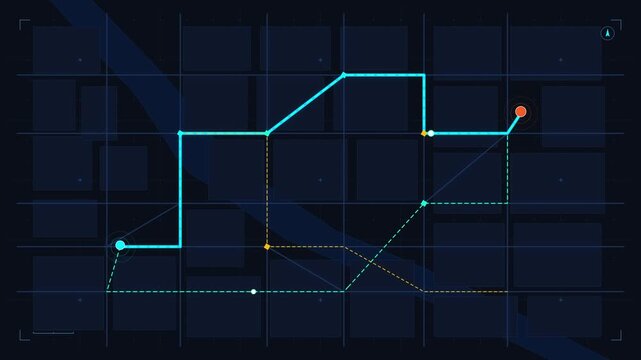 Animated city map showing navigation routes and location pins, smart city GPS tracking motion graphic