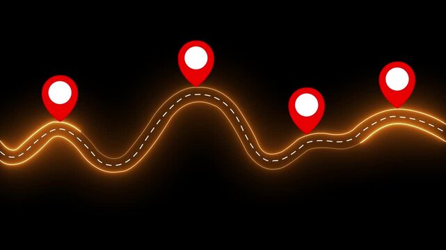 Glowing neon business roadmap and timeline with location pins on black background for strategic planning animation.