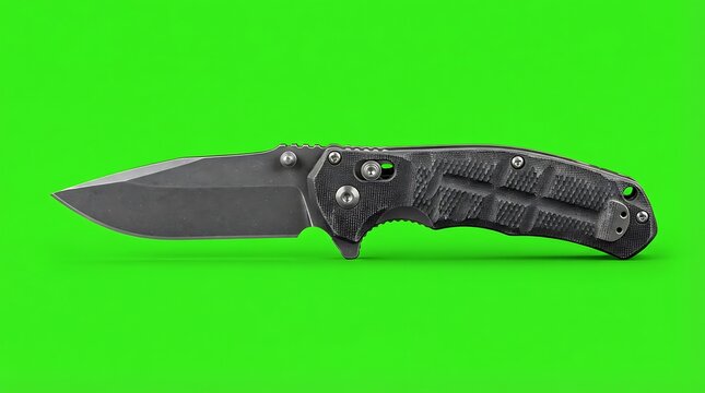 A tactical folding knife with a dark matte finish on a bright green backdrop