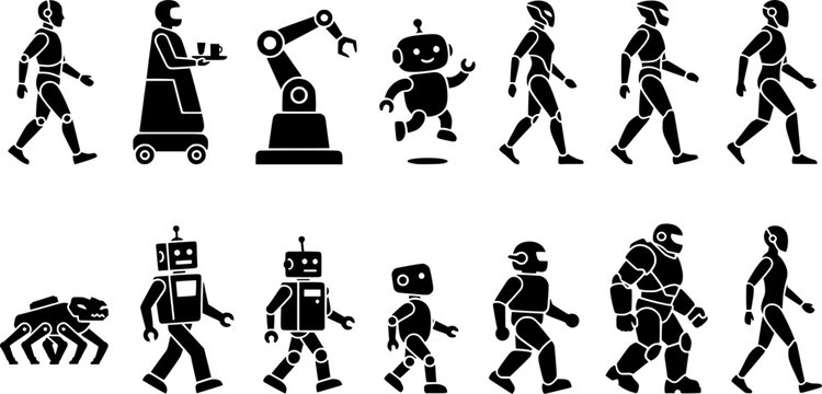 Robotics and android icon set featuring humanoid robots walking waiter robot industrial robotic arm cute toy robot spider bot and mech suit in solid black vector style isolated on white background.