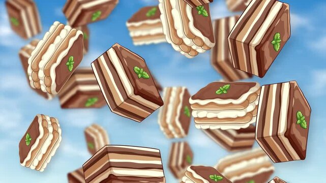 Animated Tiramisu and Chocolate Cake Slices Falling Against Blue Sky