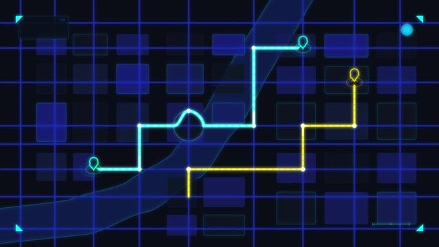 Animated city map with navigation routes and location pins, modern GPS tracking concept for smart city