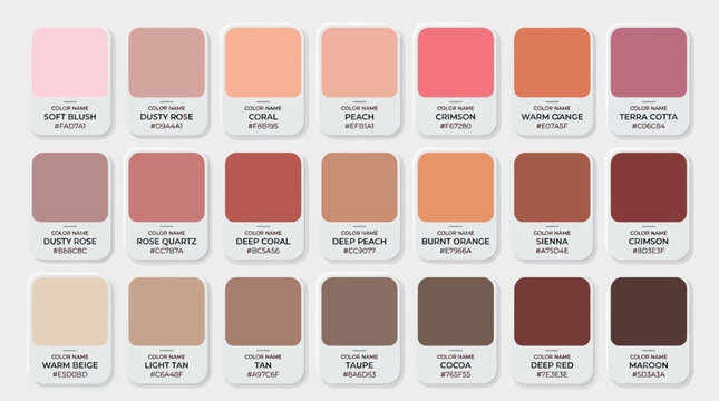 A collection of warm earth tone color swatches with hex codes and names.