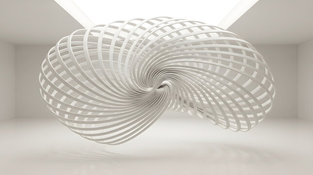 Spiraling wireframe mesh torus sculpture floating in sunlit hall