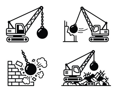 Demolition crane with wrecking ball destroying wall black outline vector icons