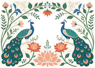 Obraz premium Indian peacock and lotus frame, symmetrical stylized peacocks on opposite sides surrounded by lotus flowers and vines, emerald, royal blue, coral and cream palette