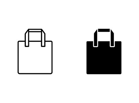 Shopping bag icon set, vector outline and solid black square tote bag symbols for design.