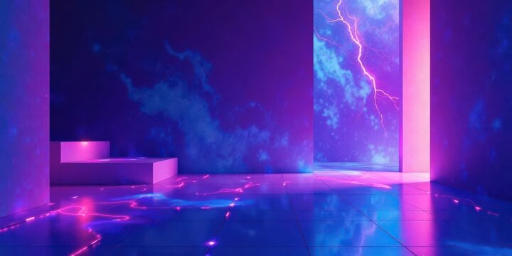 Abstract Neon Studio with Purple and Blue Lightning Backdrop and Reflective Floor