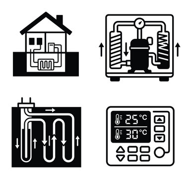 Geothermal heat pump system and thermostat control black glyph icons set
