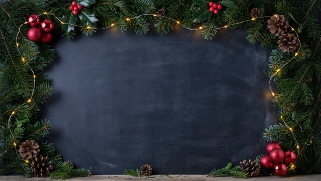 Christmas fir branch border with red ornaments and fairy lights on chalkboard