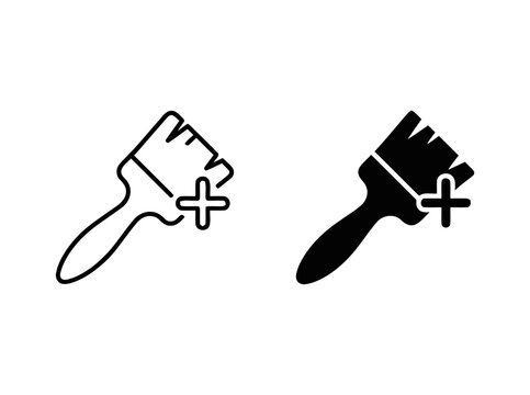Paint brush add icon set with outline and solid glyph styles for digital design interface.