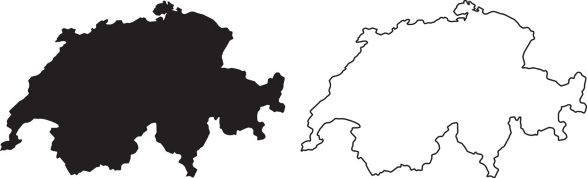 Switzerland map silhouette and outline vector set for geographic design projects