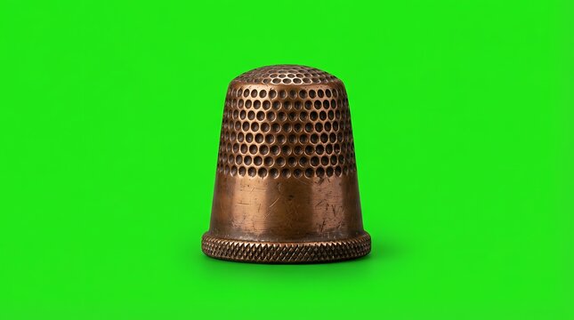 A close up view of a vintage bronze sewing thimble on a bright green background