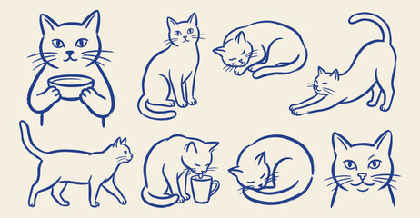 Fototapeta premium Hand drawn blue line art vector cute cats and kittens icons set on light background