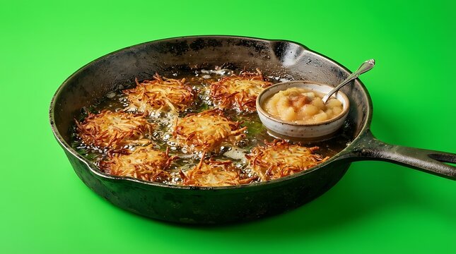 A cast iron skillet filled with golden potato latkes against green background
