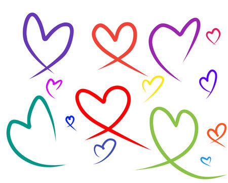 Set of colorful handwritten outline heart doodles with continuous swooping lines