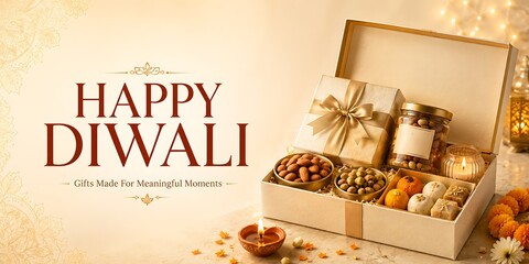 Naklejka premium Festive diwali gift box filled with traditional dry fruits and sweets with diya lamp