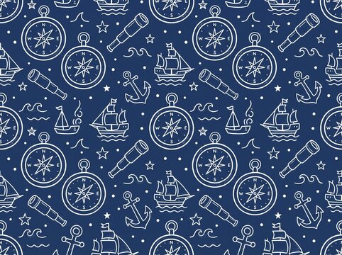 Seamless marine pattern with hand drawn white line art telescopes anchors compasses and sailboats on dark blue background for fabric and wallpaper.