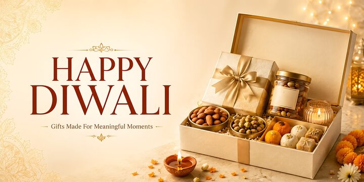 Festive diwali gift box filled with traditional dry fruits and sweets with diya lamp