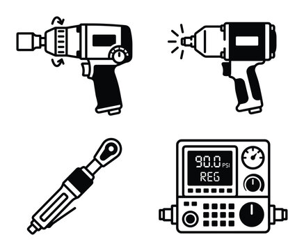 Pneumatic tools black linear icons displaying impact wrench and air regulator
